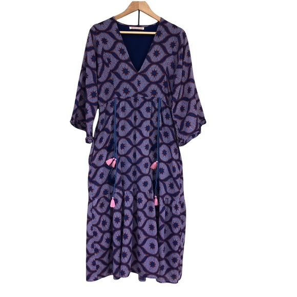 Banjanan Cotton Blue Red Pink V Neckl Pockets Lined Maxi Dress L More Like S/M - Picture 1 of 16